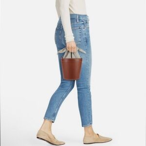 STAUD Britt Leather & Canvas Bucket Bag with Tie Knot Handle